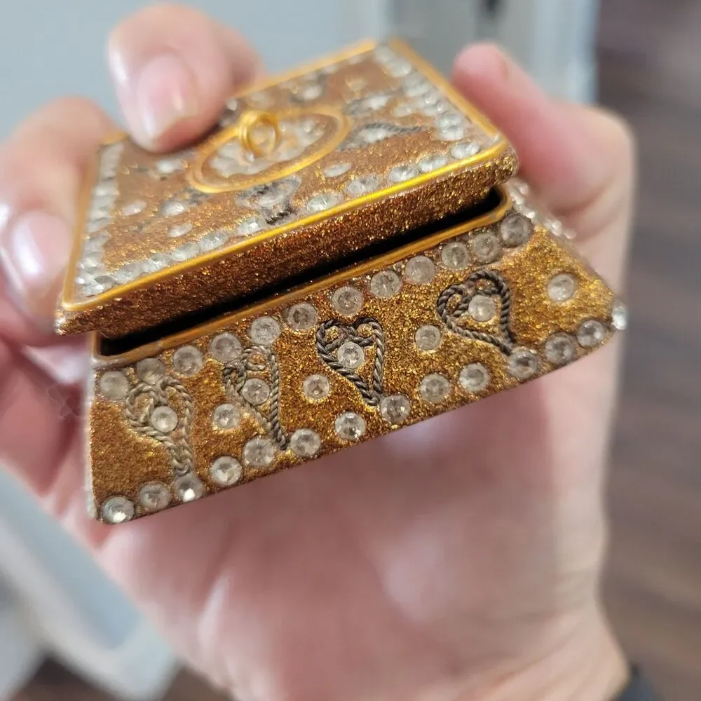 Vintage Pier 1 Jeweled Trinket Box Square Hexagon Jewelry Small 3x3x1 Gold Boho